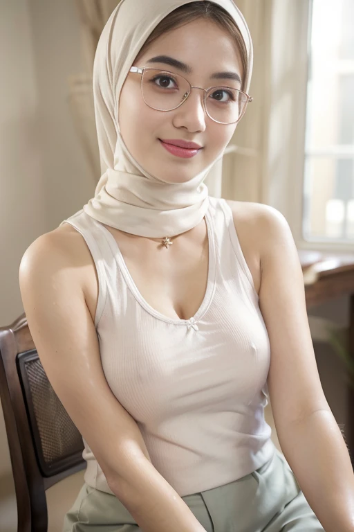 (iu:0.8).cleavage, RAW, Best quality, high resolution, Masterpiece: 1.3, Beautiful glasses hijabi java girl, white tanktop, Masterpiece, Soft smile, table shots 