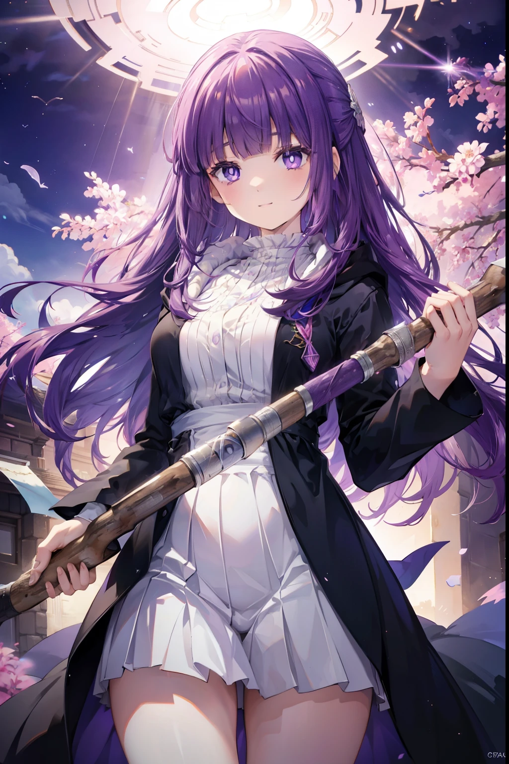 Fern、Purple Hair、Long Hair、blush,smile,Captivating thighs、Combat Uniform、Hold the magic wand and cast magic、Shooting a magic beam from the wand、
（masterpiece:1.2), highest quality, High resolution, unity 8k wallpaper, (shape:0.8), (Beautiful and beautiful eyes:1.6), Highly detailed face, Perfect lighting, Extremely detailed CG, (Perfect hands, Perfect Anatomy),