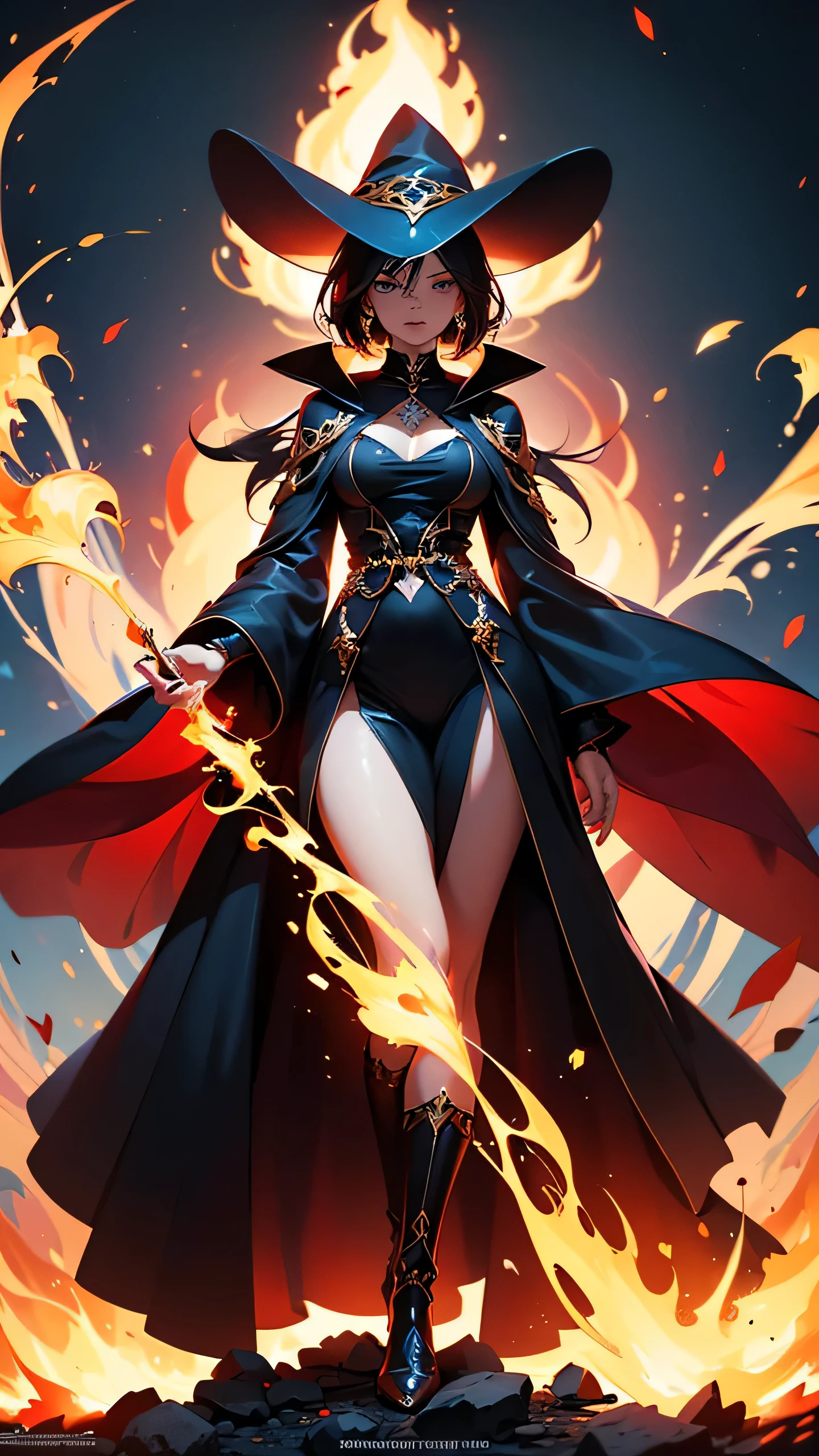 There is a beautiful demonic witch standing in the middle of raging fire storm, her hair is fire it self, eyes like embers she dressed in beauriful sexy long black robe with red parts and golden jewlery, (ultra high quality fantasy art, dafk fantasy style, masterpiece, ultra highquality character design, 8k quality anime art, realistic anime art, top quality wallpaper illustration, detailed ultra high quality acurate face, highquality design and acurate physic)