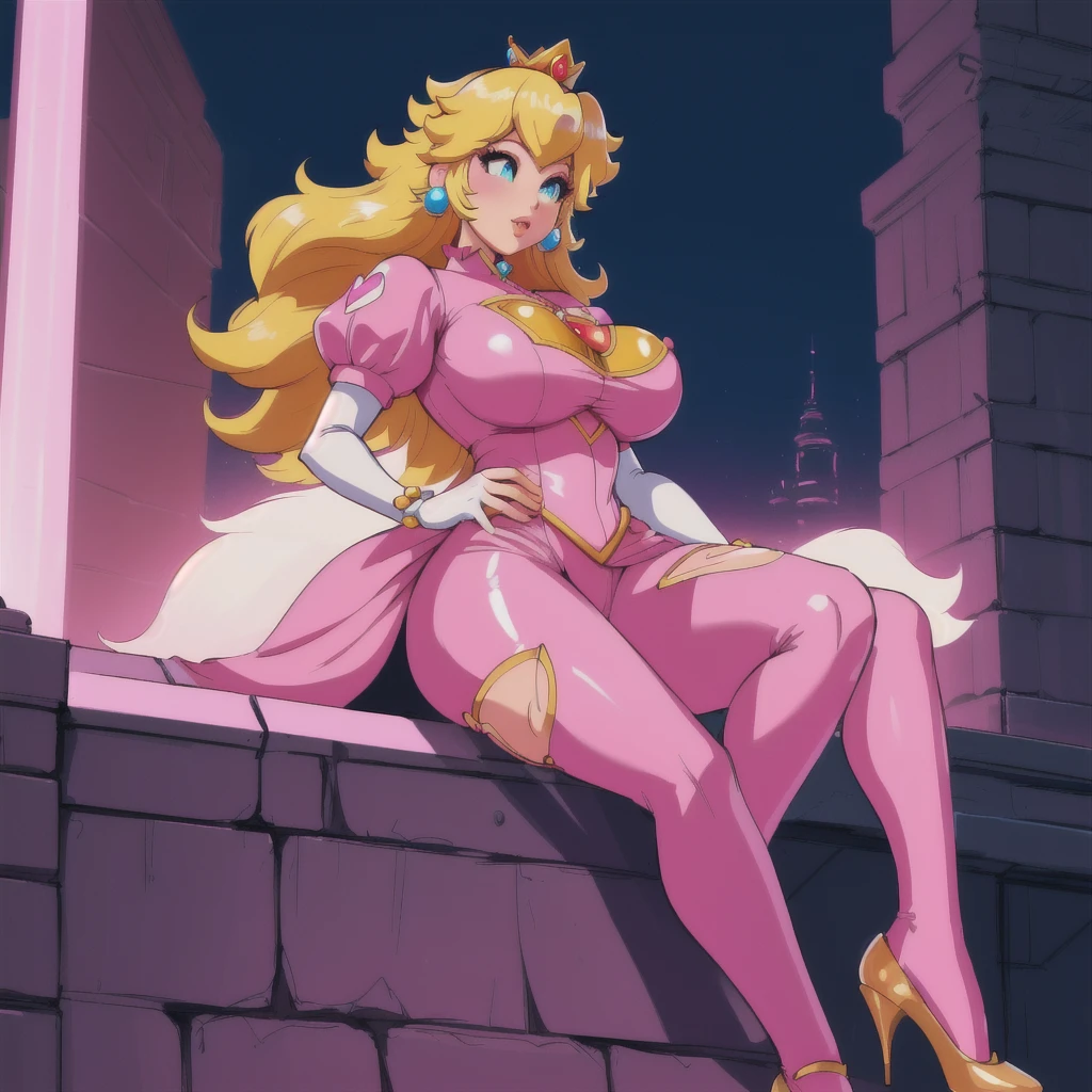 a cartoon picture of a woman with a big breast sitting on a ledge, a human-like juicy peach, portrait of princess peach, princess peach), princess peach, thicc, danbooru and artstation, commission for high res, video game fanart, giantess art, the princess of power, extremely detailed artgerm, high quality fanart, nintendo game art, araffe in a pink bodysuit posing on a city street, neon light and fantasy, pink body, very sexy outfit, tight attire, pink body harness, perfect body, sexy outfit, sexy dominant pose