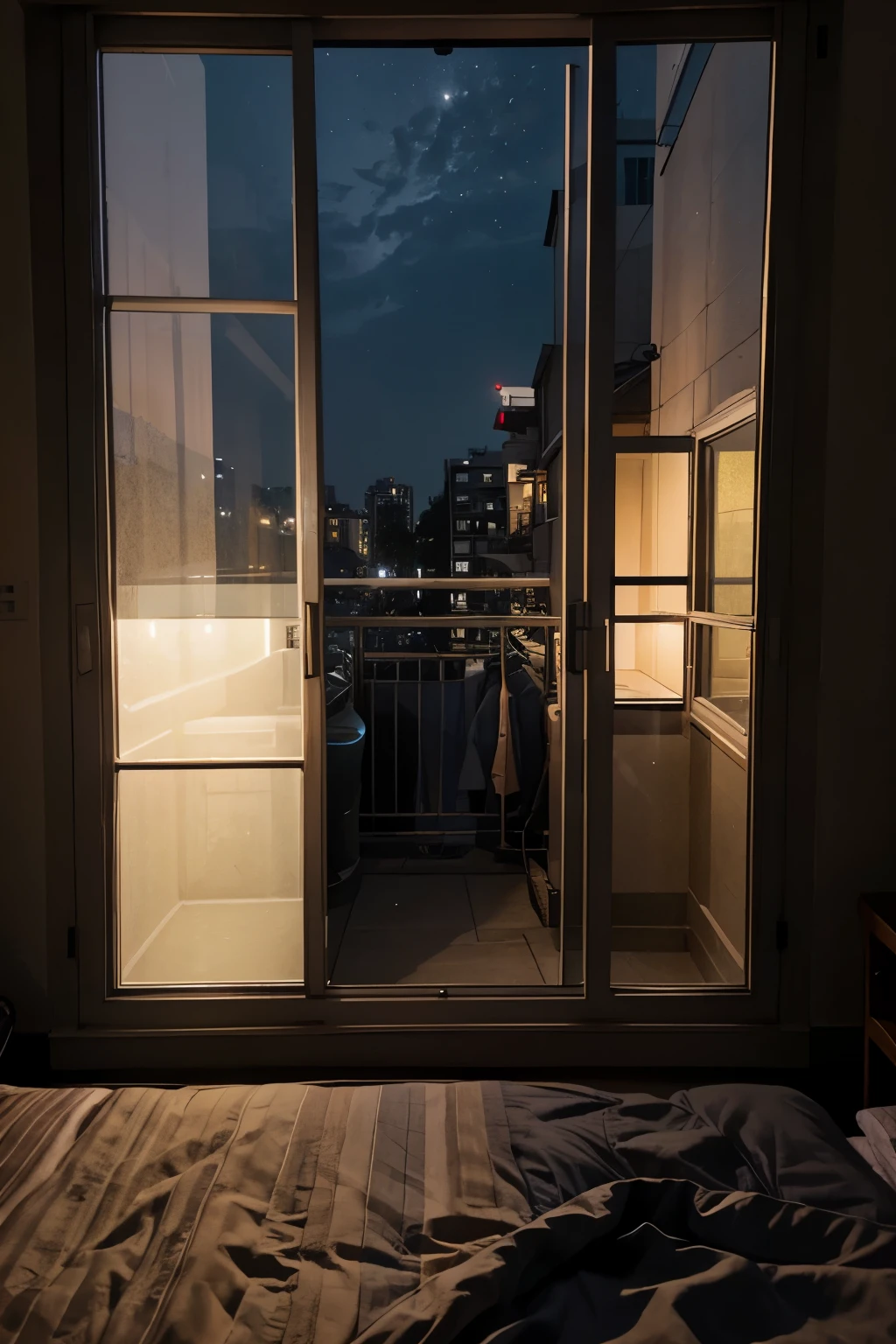 Realistic, night view, room window, outside view, early morning, Street view, outside view from window