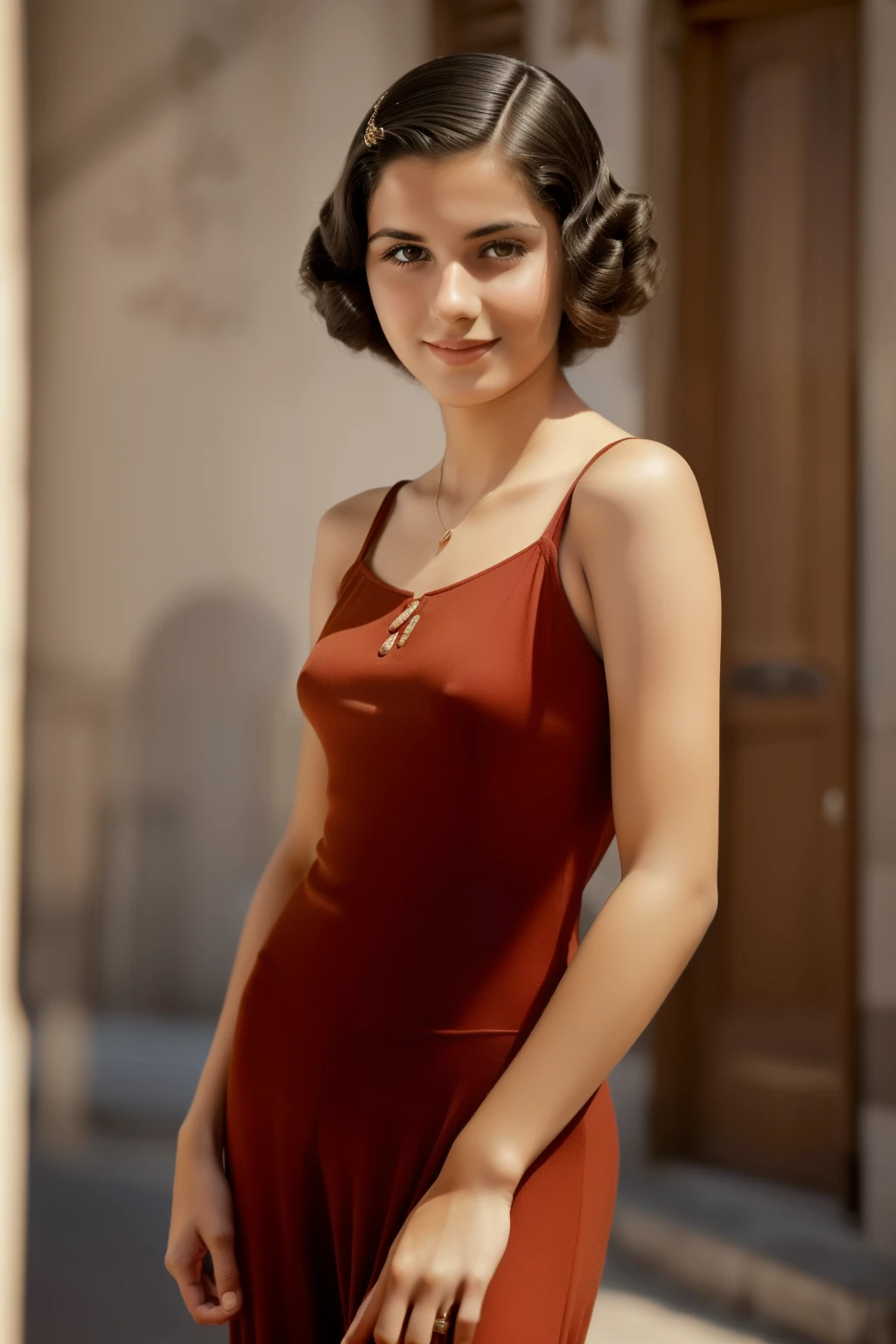 Madrid, 1935. portrait of A young ((((24-year-old)) Sira Quiroga)), beautiful, skinny, ((shy expression, in love)), ((((clothings from the 1930s)))), ((hairstyle of the 1930s)), ((colorful))