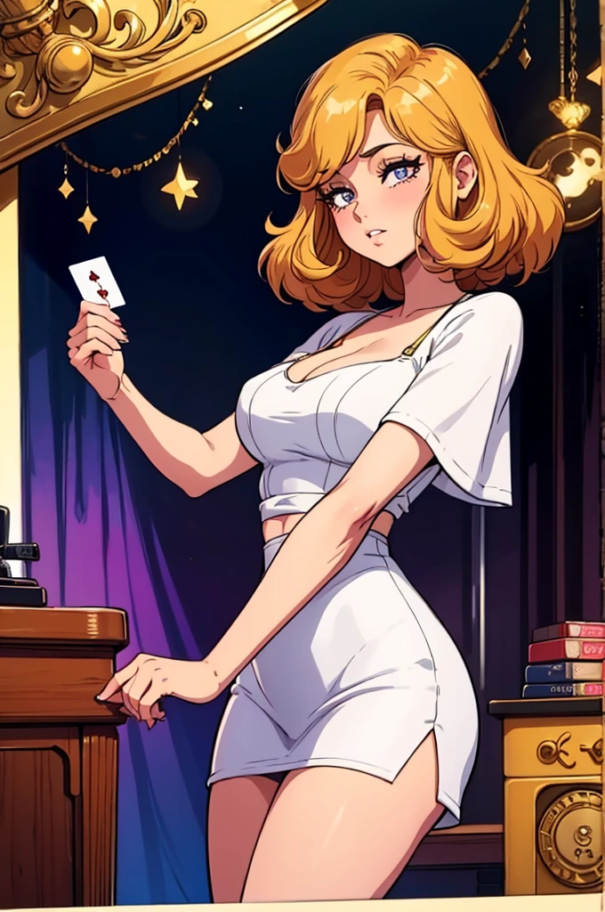 Imagine a 70's woman open a packaging of a playing card inspired by solfège, music box, radio, from 70's, retro artstyle, inspired by the artstyle of 70's