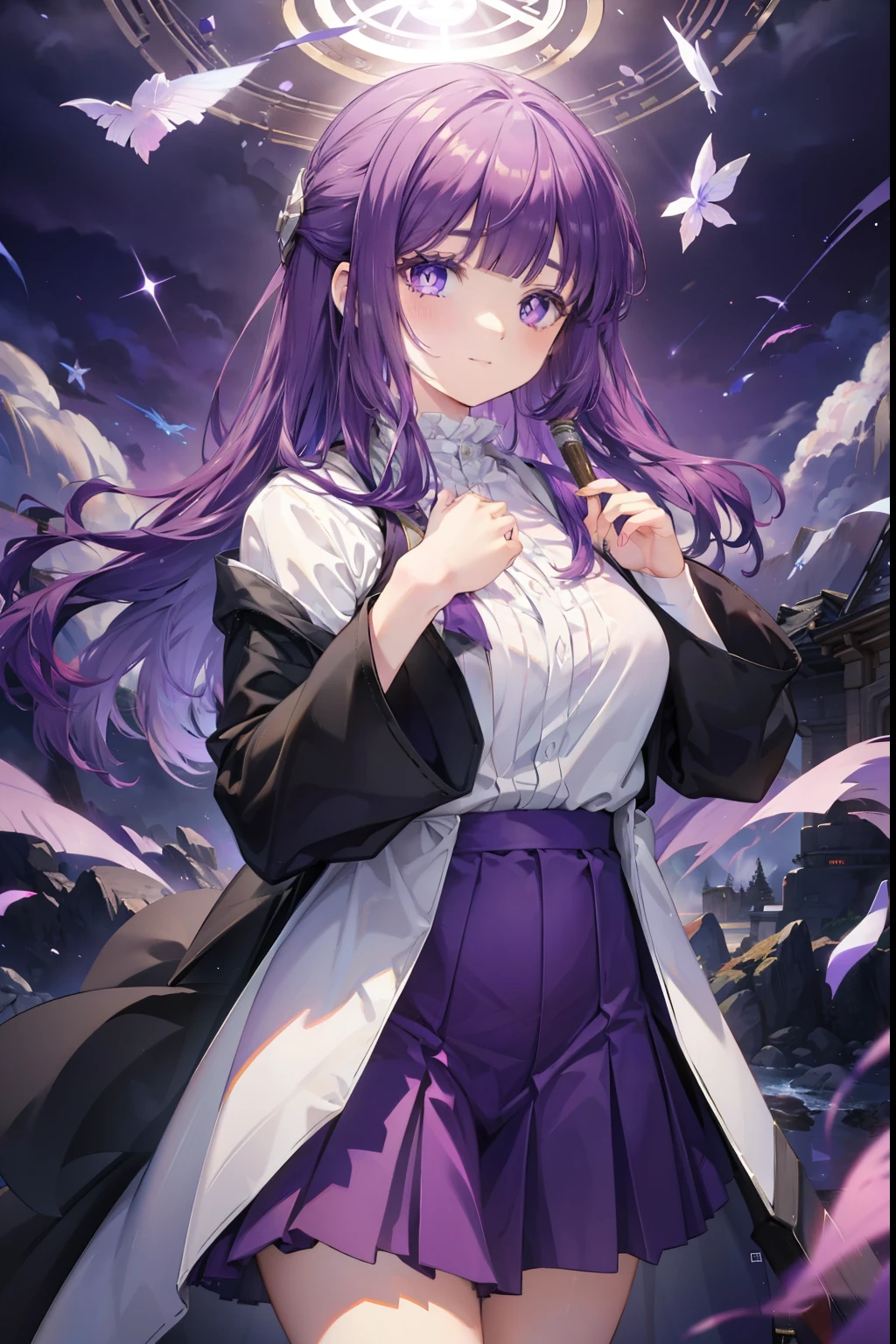 Fern、Purple Hair、Long Hair、blush,smile,Captivating thighs、Combat Uniform、Hold the magic wand and cast magic、Shooting a magic beam from the wand、Magic emerges from the magic circle
（masterpiece:1.2), highest quality, High resolution, unity 8k wallpaper, (shape:0.8), (Beautiful and beautiful eyes:1.6), Highly detailed face, Perfect lighting, Extremely detailed CG, (Perfect hands, Perfect Anatomy),