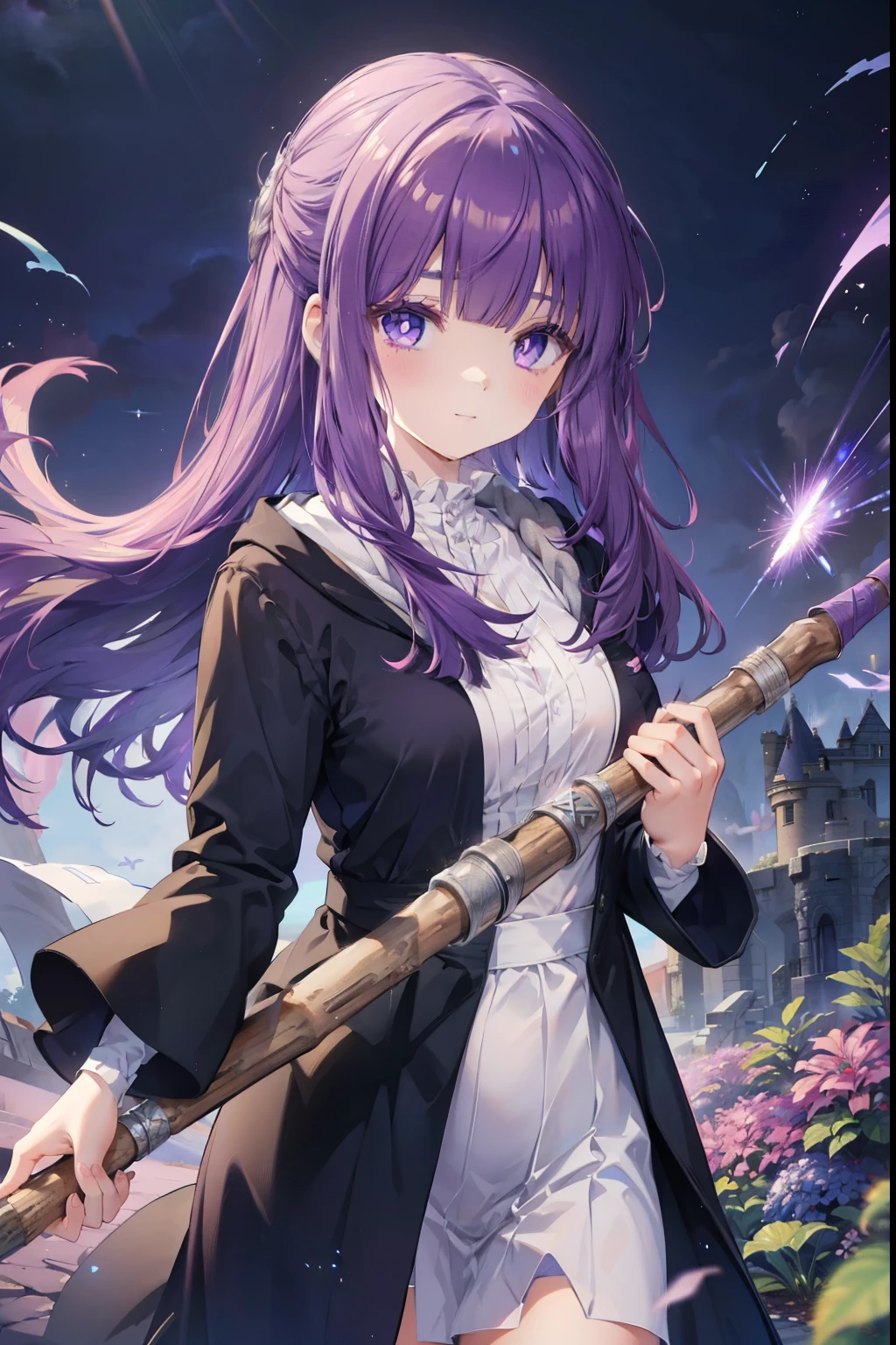 Fern、Purple Hair、Long Hair、blush,smile,Captivating thighs、Combat Uniform、Hold the magic wand and cast magic、Shooting a magic beam from the wand、Magic emerges from the magic circle
（masterpiece:1.2), highest quality, High resolution, unity 8k wallpaper, (shape:0.8), (Beautiful and beautiful eyes:1.6), Highly detailed face, Perfect lighting, Extremely detailed CG, (Perfect hands, Perfect Anatomy),