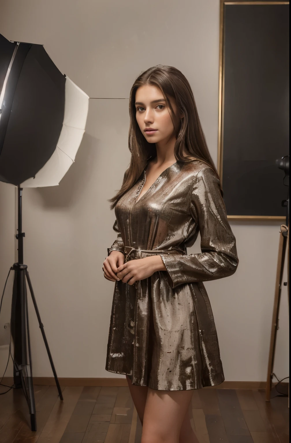 (best quality,4k,8k,highres,masterpiece:1.2),ultra-detailed,(realistic,photorealistic,photo-realistic:1.37),portrait,painting,studio lighting,long dark brown hair,fashionable dress,European appearance,20-year-old girl,standing,photo studio,posing,photographer