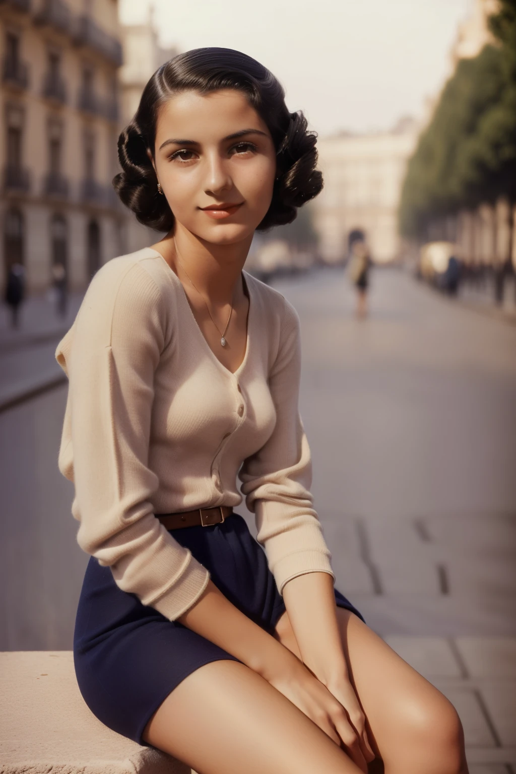 Madrid, 1935. portrait of A young ((((24-year-old)) Sira Quiroga)), beautiful, skinny, ((shy expression, in love)), ((((clothings from the 1930s)))), ((hairstyle of the 1930s)), ((colorful))