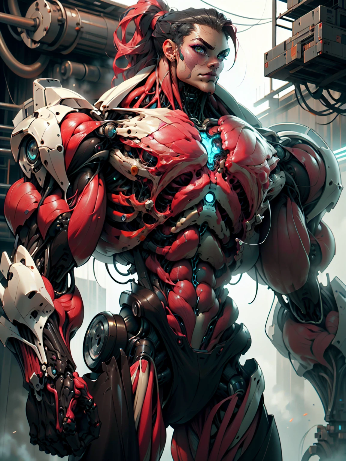(1 girl), (cara delevingne), (muscular android girl wearing a black anatomic cybernetic muscle suit:1.25), (wide shoulders:1.25), (muscular defined physique:1.25), perfect hands, long hair, large breasts, high resolution image, extreme detail, blank background