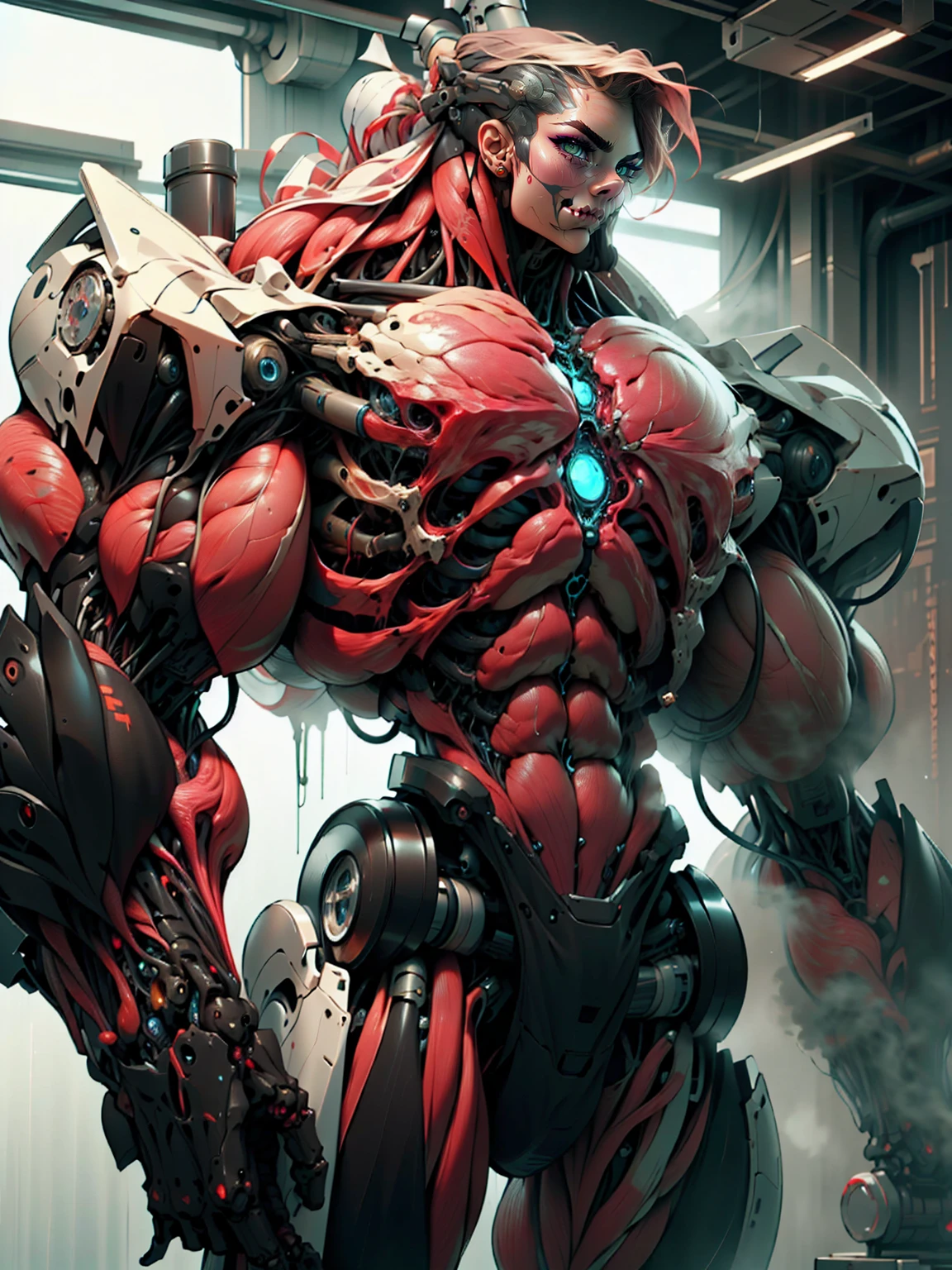(1 girl), (cara delevingne), (muscular android girl wearing a black anatomic cybernetic muscle suit:1.25), (wide shoulders:1.25), (muscular defined physique:1.25), perfect hands, long hair, large breasts, high resolution image, extreme detail, blank background