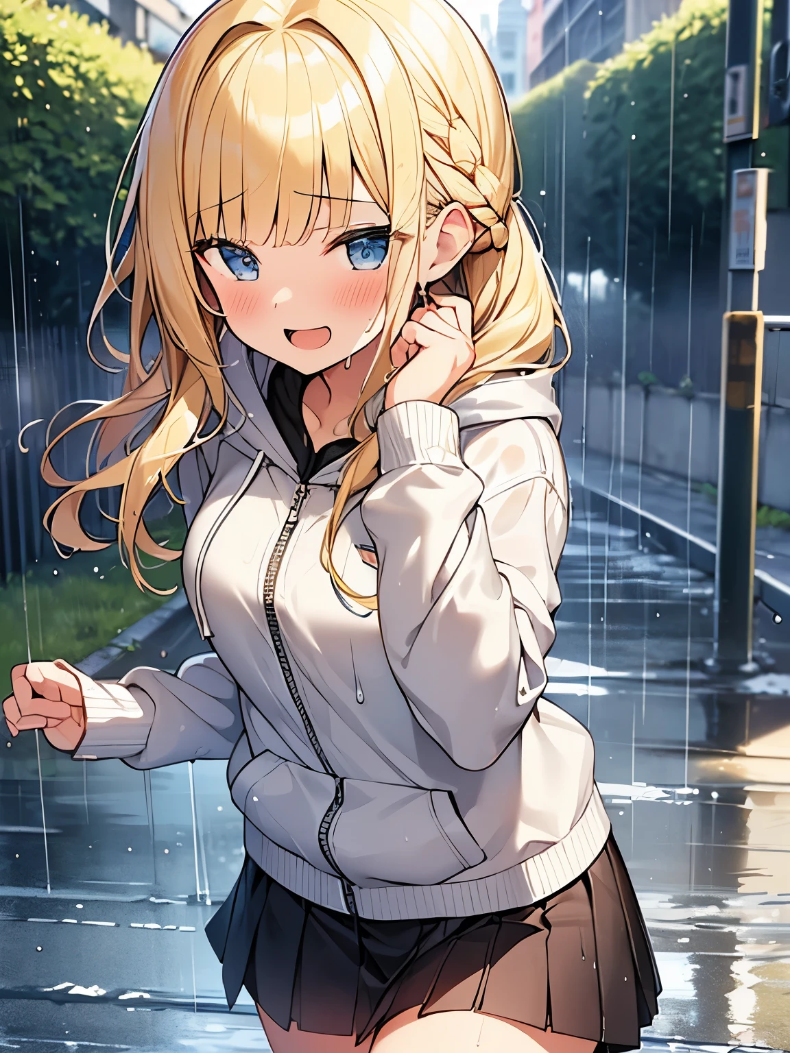 Masterpiece, Top quality, (1 beautiful girl), junior high school student, Blonde, Braided hair, Medium Hair, wet Hair, blunt bangs, tareme, standard weight, zip hoodie, pleated skirt, (wet clothes):1.2, laugh with an open mouth,(running), rainy, beautiful scene of alley, water drops, cowboy shot