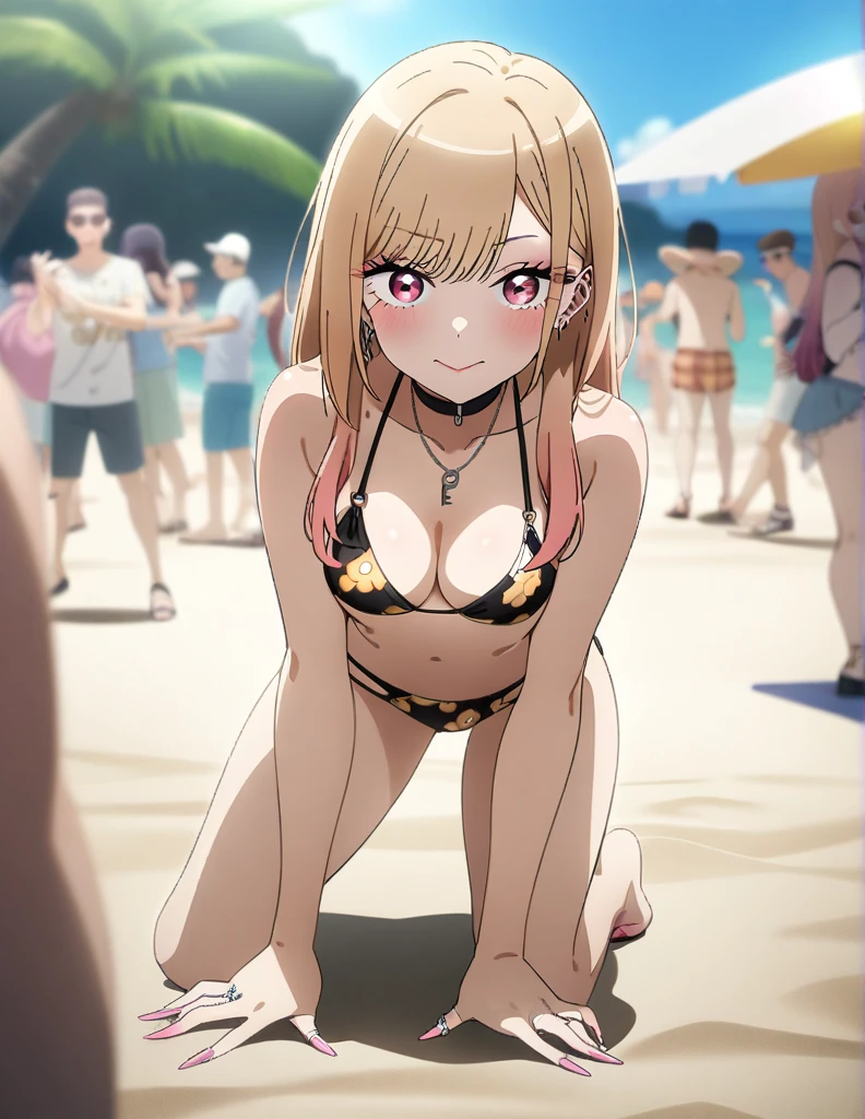 1girl, kitagawa marin, sono bisque doll wa koi wo suru, bikini, beach, beach parasol, kneeling, crowd, closed mouth, sexy pose, key visual, highly detailed, looking at viewer, full body, masterpiece, best quality, very aesthetic, absurdres