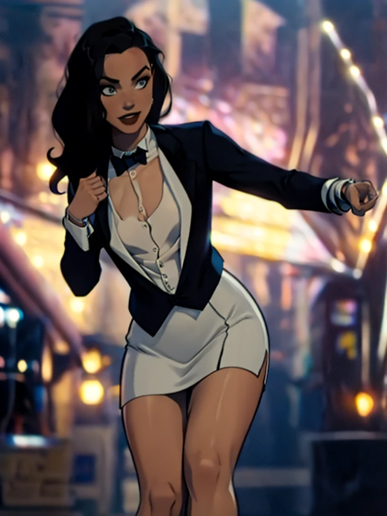 Zatanna, realistic, realism, photorealism, photo-realistic, high contrast, (photorealistic:1.4), 8k high definition detailed realistic, (best quality, masterpiece:1.2),  photon mapping, radiosity, physically-based rendering, best quality, highly detailed, 1girl, anaa, full body, Jewelry, suit and bowtie, (((tuxedo))), silk dress shirt, shirt and bowtie,big chest (((bowtie))), ((blazer)), ((suit jacket)), ((waistcoat)), ((bodycon miniskirt)), (((pencil skirt))), pantyhose, tights, stockings, pocket square, tailored suit, (((cufflinks))), smile, full body, high heels, white gloves, hot body , gorgeous breast