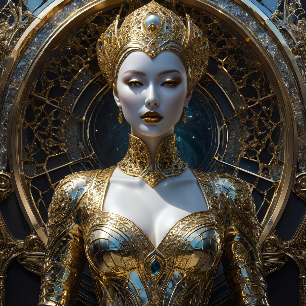 Photo, 8k ((surrealist)) statue de sculpture en marbre extraterrestre, complexe, elegant, Very detailed, majestueux, digital Photography, art by artgerm and ruan jia and greg rutkowski surrealist painting gold and siver filigree, Broken glass, (masterpiece, side lighting, HDR, Realistic, HD