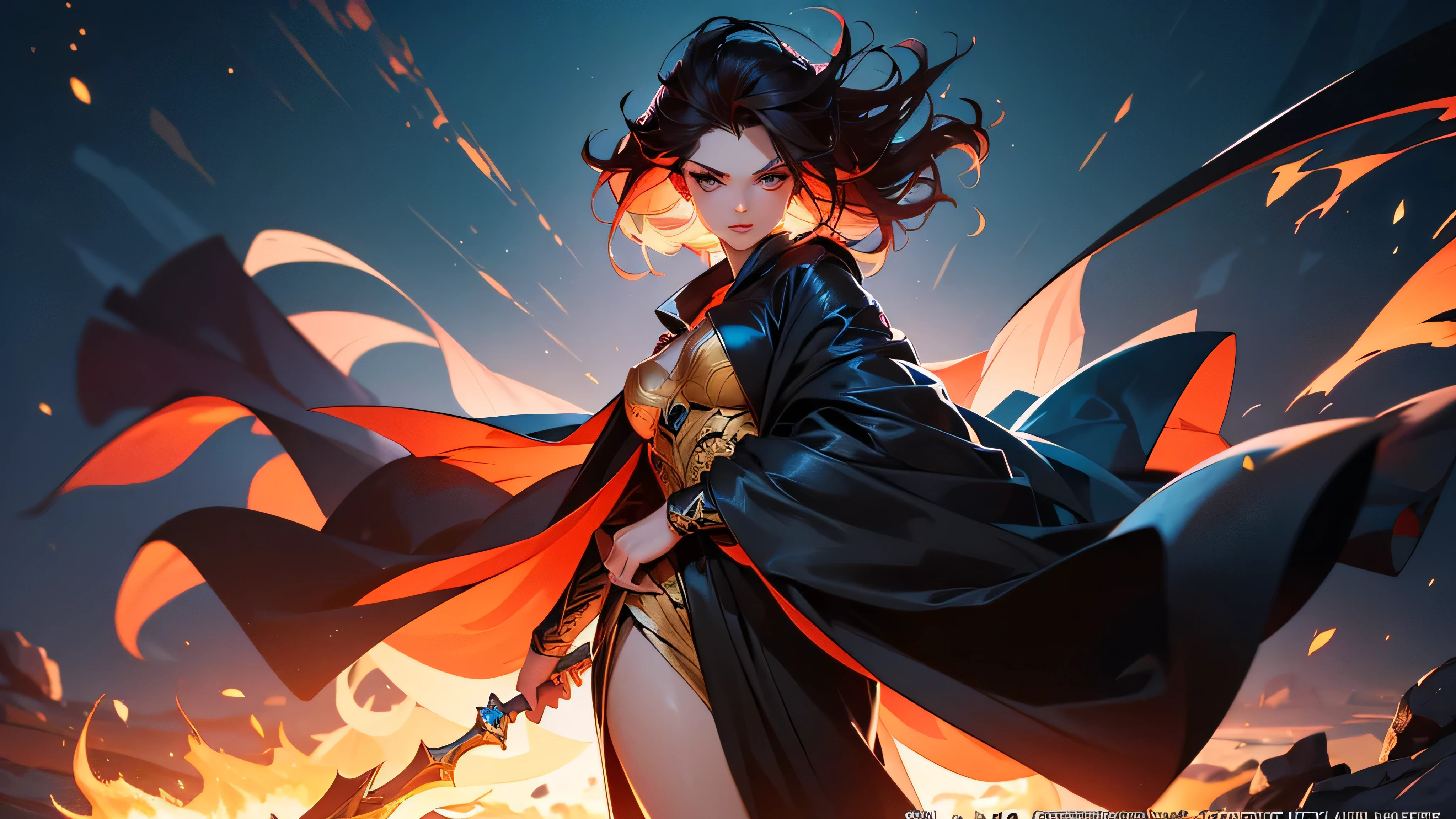 There is a beautiful demonic witch standing in the middle of raging fire storm, her hair is fire it self, eyes like embers she dressed in beauriful sexy long black robe with red parts and golden jewlery, (ultra high quality fantasy art, dafk fantasy style, masterpiece, ultra highquality character design, 8k quality anime art, realistic anime art, top quality wallpaper illustration, detailed ultra high quality acurate face, highquality design and acurate physic)