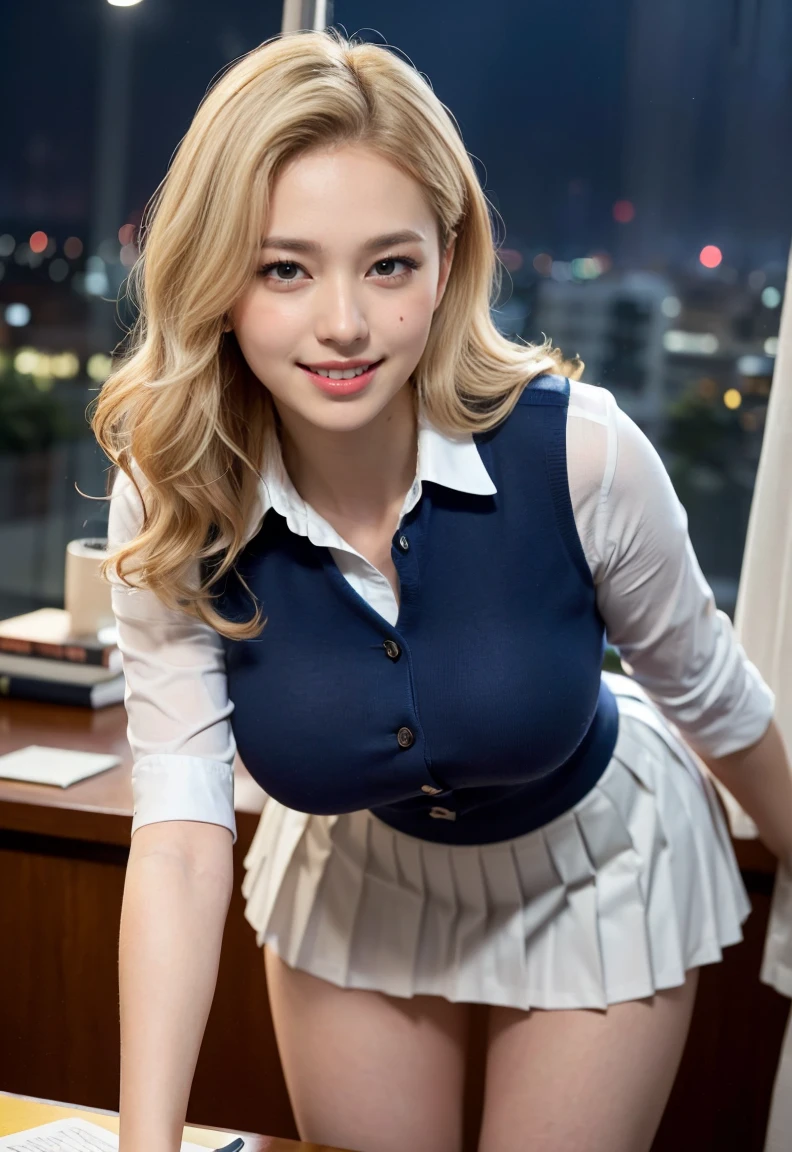 (((neat woman,Bright-eyed excitement,kind big smile,blush,blush,red cheek,please touch me,tempting viewer,i want you))),(all fours,all fours,hip higher,i can see your panties),((((blush,red cheek)))),(cinematic lighting), (Photo real:1.4)、(A hyper-realistic:1.4)、(Photorealistic:1.3)、 (gentle lighting: 1.05)、(Improve the lighting quality of your video:0.9)、 32k、25years old woman、photorealistic lighting、Back lighting、Facial Lights、Ray Trace、(bright:1.2)、(Increase quality:1.4)、 (best quality real texture skin)、Fair eyes,delicate face、 Close-up of the face,  ((Wearing the royal-right-blue collared tight shirt,navy vest-dress tight uniform,(no printed navy pleated skirt),high-heel),(Bodyline mood improvement:1.1)、Glossy skin、Korean Idol、Nogizaka Idol、good figure,perfect anatomy,Beautiful actress,(((beautiful huge breasts,slender waist,slender hip,long slender legs,8heads tall))),(((8heads tall))),(((blonde wavy hair,curtain bangs))),(((in the beautiful modern office of library,super clean night view,in the night))),