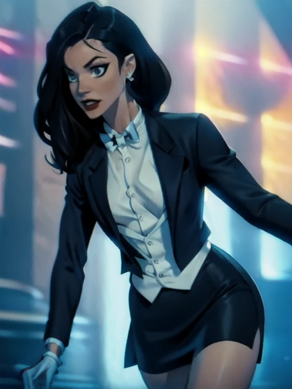 Zatanna, realistic, realism, photorealism, photo-realistic, high contrast, (photorealistic:1.4), 8k high definition detailed realistic, (best quality, masterpiece:1.2), photon mapping, radiosity, physically-based rendering, best quality, highly detailed, 1girl, anaa, full body, Jewelry, suit and bowtie, (((tuxedo))), silk dress shirt, shirt and bowtie,big chest (((bowtie))), ((blazer)), ((suit jacket)), ((waistcoat)), ((bodycon miniskirt)), (((pencil skirt))), pantyhose, tights, stockings, pocket square, tailored suit, (((cufflinks))), smile, full body, high heels, white gloves, hot body , gorgeous breast