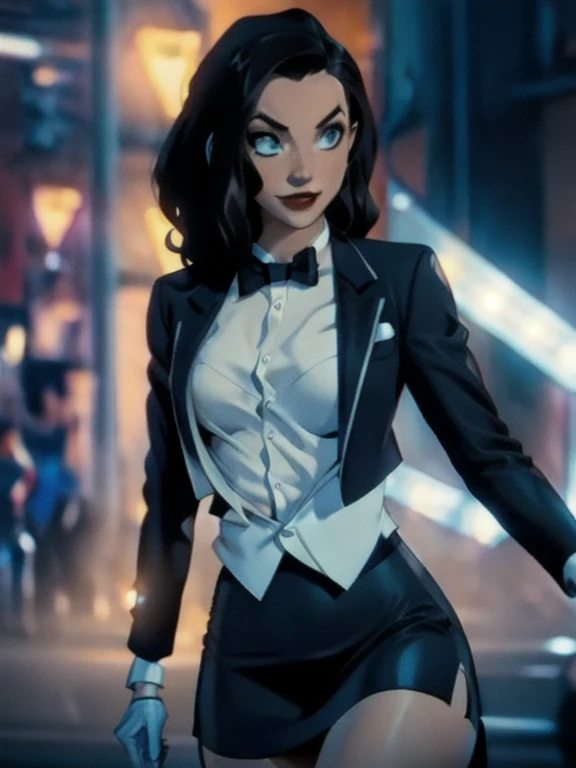 Zatanna, realistic, realism, photorealism, photo-realistic, high contrast, (photorealistic:1.4), 8k high definition detailed realistic, (best quality, masterpiece:1.2), photon mapping, radiosity, physically-based rendering, best quality, highly detailed, 1girl, anaa, full body, Jewelry, suit and bowtie, (((tuxedo))), silk dress shirt, shirt and bowtie,big chest (((bowtie))), ((blazer)), ((suit jacket)), ((waistcoat)), ((bodycon miniskirt)), (((pencil skirt))), pantyhose, tights, stockings, pocket square, tailored suit, (((cufflinks))), smile, full body, high heels, white gloves, hot body , gorgeous breast