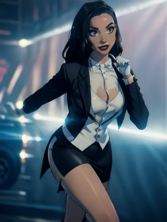 Zatanna, realistic, realism, photorealism, photo-realistic, high contrast, (photorealistic:1.4), 8k high definition detailed realistic, (best quality, masterpiece:1.2),  photon mapping, radiosity, physically-based rendering, best quality, highly detailed, 1girl, anaa, full body, Jewelry, suit and bowtie, (((tuxedo))), silk dress shirt, shirt and bowtie,big chest (((bowtie))), ((blazer)), ((suit jacket)), ((waistcoat)), ((bodycon miniskirt)), (((pencil skirt))), pantyhose, tights, stockings, pocket square, tailored suit, (((cufflinks))), smile, full body, high heels, white gloves, hot body , gorgeous breast