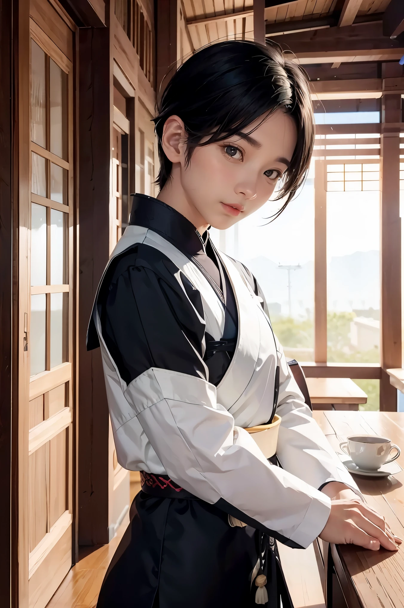 Genshin Ray leans against the table in his