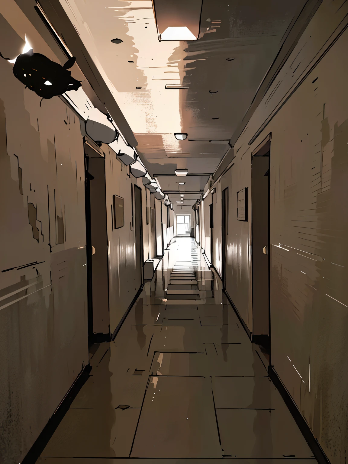 there is a long hall with a light at the end of it, corridor, long hall, infinite hall, halls, infinitely long corridors, 长长的corridor, infinite corridor, liminal space hall, Lots of room, an empty hall, endless halls, in a dark corridor, in dark corridor, dark halls, hall, in a hotel hall