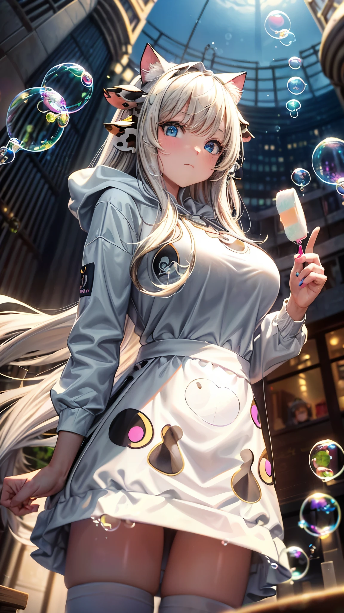 Masterpiece, 4K, bokeh, (Cat ears:1.3), Beautiful high school girls, white long hair, Looking at the viewer, (Cow pattern hoodie:1.3), (Many Large soap bubbles are flying:1.5), ( city Shopping mole:1.3), (fisheye lens:1.3),
(Close up:1.3),(From below:1.3)