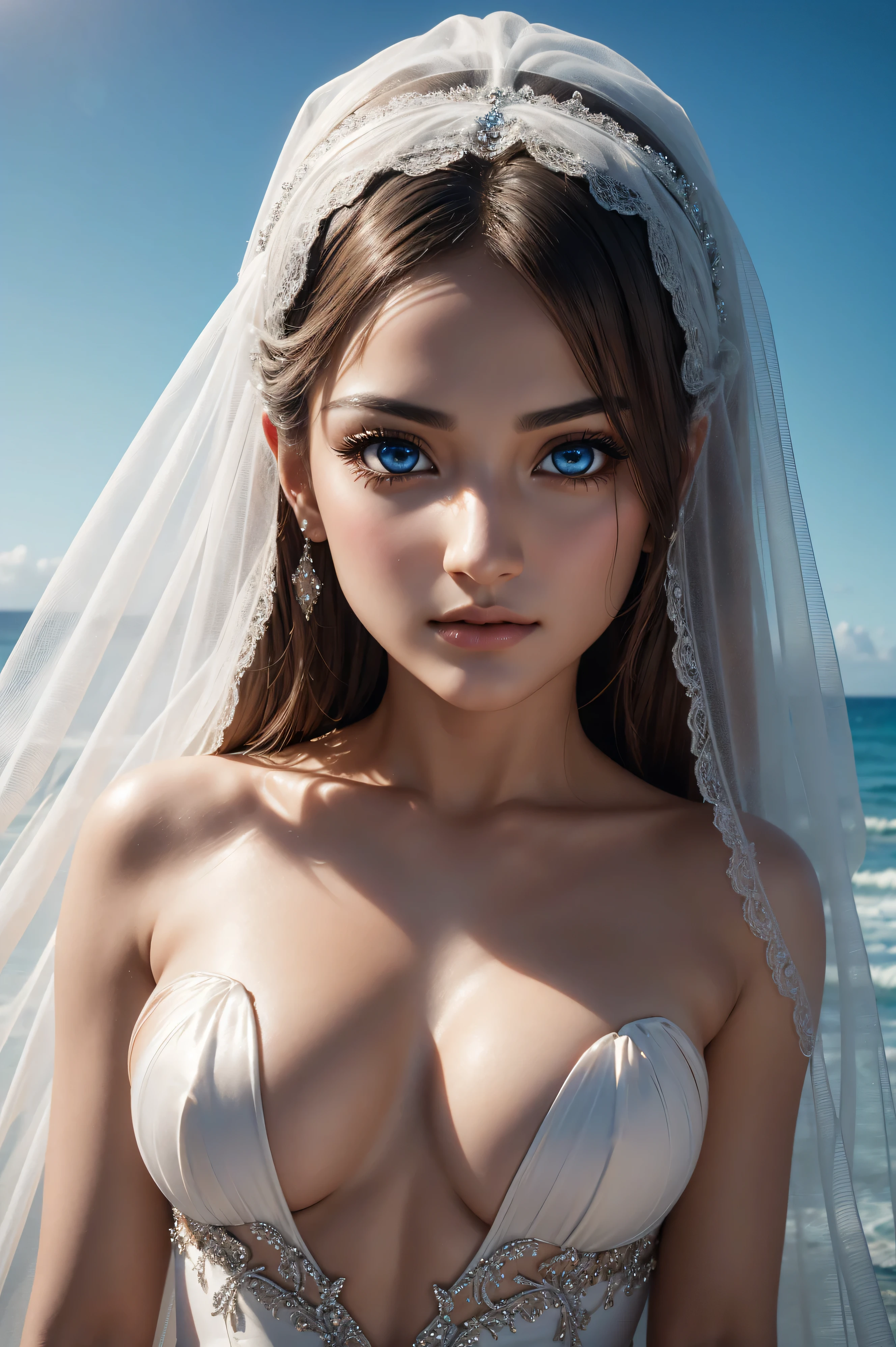 Hunter King, wearing veil bride nude costume transparent. professionally retouched, soft lighting, realistic, smooth face, perfect eyes, sharp focus on eyes, 8 k, high definition, insanely detailed, intricate, elegant. against the background of the ocean.