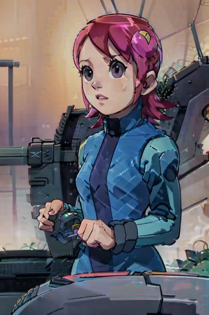 Mayl Sakurai reimagined as a vault dweller, doing maintenance in an underground vault. Her vibrant pink hair stands out against the dimly lit environment. She is a 26-year-old woman dressed in a vault dweller jumpsuit, indicative of her role in the post-apocalyptic world. The jumpsuit is worn but still functional, reflecting the harsh conditions of life underground. Her face is beautifully detailed, with expressive eyes that convey determination and intelligence. Her lips are also well-defined, adding to her overall allure.

In the vault, Mayl Sakurai is seen operating a pipboy, a wrist-worn device that serves as an essential tool and information hub for survival in the vault. The pipboy's screen emits a soft glow, illuminating Mayl's face and casting a subtle green hue on the surroundings. The details on the pipboy, from its buttons to its display, are extremely detailed, showcasing its futuristic design.

The underground vault is filled with mechanical equipment and pipes, emphasizing the importance of maintenance in this post-apocalyptic world. The atmosphere is gritty and industrial, with a hint of mystery and danger. The lighting is dim and has a hint of blue tones, enhancing the underground ambiance.

Despite the grim surroundings, Mayl Sakurai exudes confidence and strength as she jumps into action, ready to fulfill her duties as a vault dweller. Her posture and expression suggest that she is prepared to face any challenge that comes her way.

The image quality should be at its best, with 4K resolution and ultra-detailed rendering, capturing every intricate detail of the scene. The colors should be vivid, emphasizing the contrast between Mayl's vibrant pink hair and the dimly lit environment. The overall style should lean towards a post-apocalyptic concept art aesthetic, blending realism with a touch of fantasy.

In summary, the Stable Diffusion prompt for the provided theme would be:
Mayl Sakurai reimagined as a vault dweller, doing maintenance in an undergr