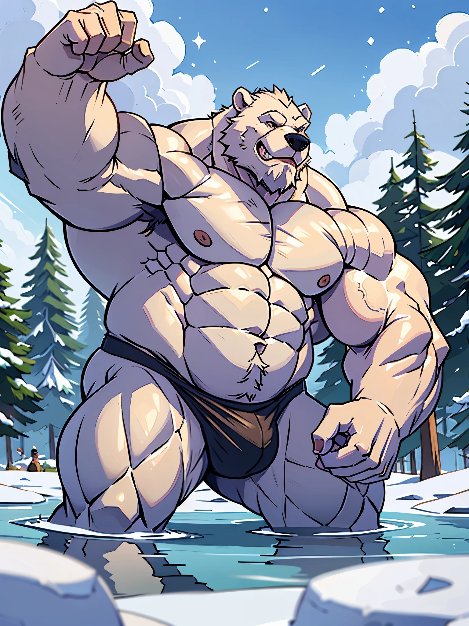 huge muscular, snow, long beards, old man, (furry bear), shirtless, topless, bulge, white bear, polar bear, lake, partial submerged