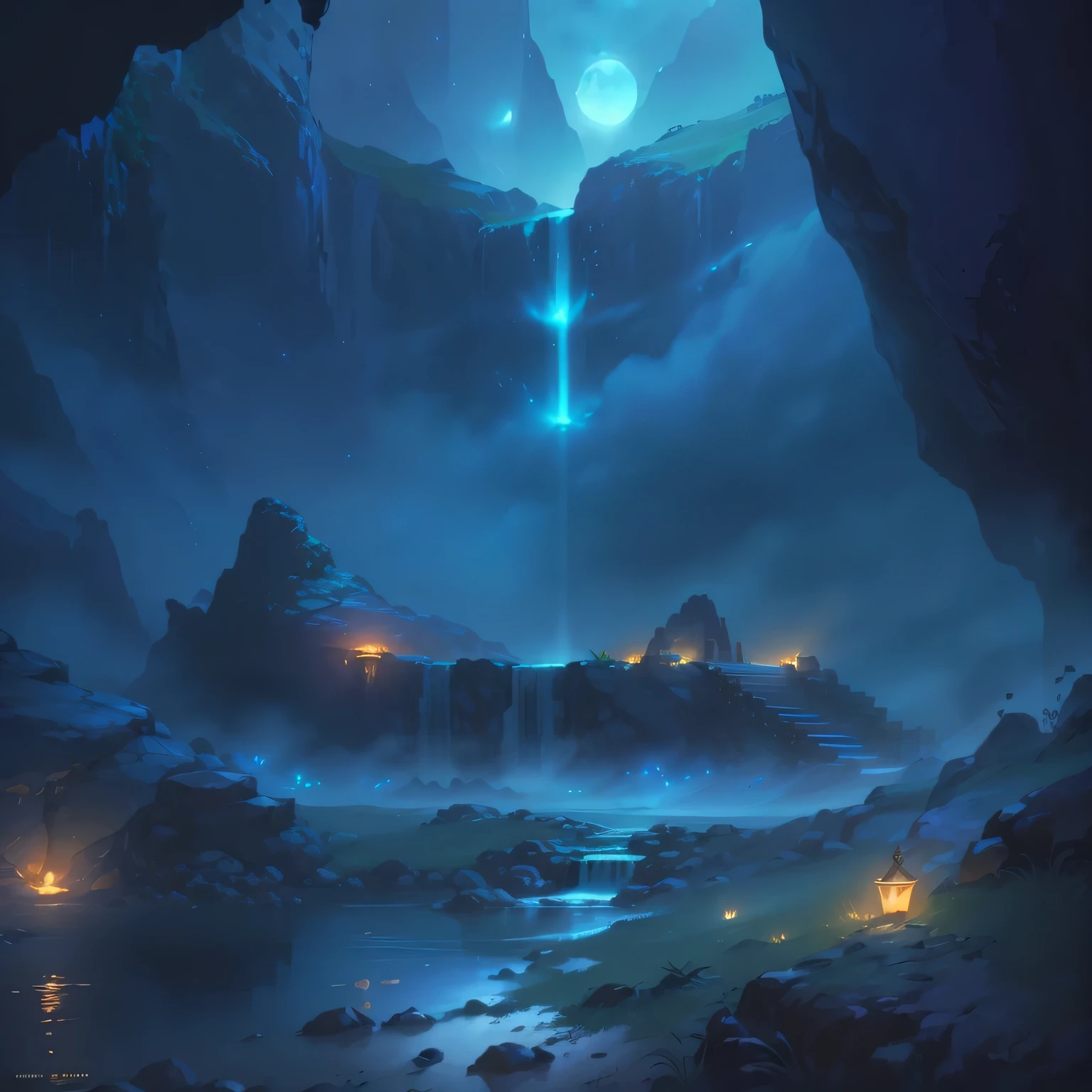 There is a cave，There is a waterfall inside，The waterfall lights up at night, Unreal Engine rendered concept art, Concept art stunning atmosphere, Cartoon,less detailing,jessica rossier fantasy art, Concept Art 8 K resolution, concept art 8k resolution, Concept Art 8 K, Beautiful concept art, Unreal Engine fantasy art, Andreas Rocha style, Relaxation concept art, (((Pixar)))，4k resolution concept art