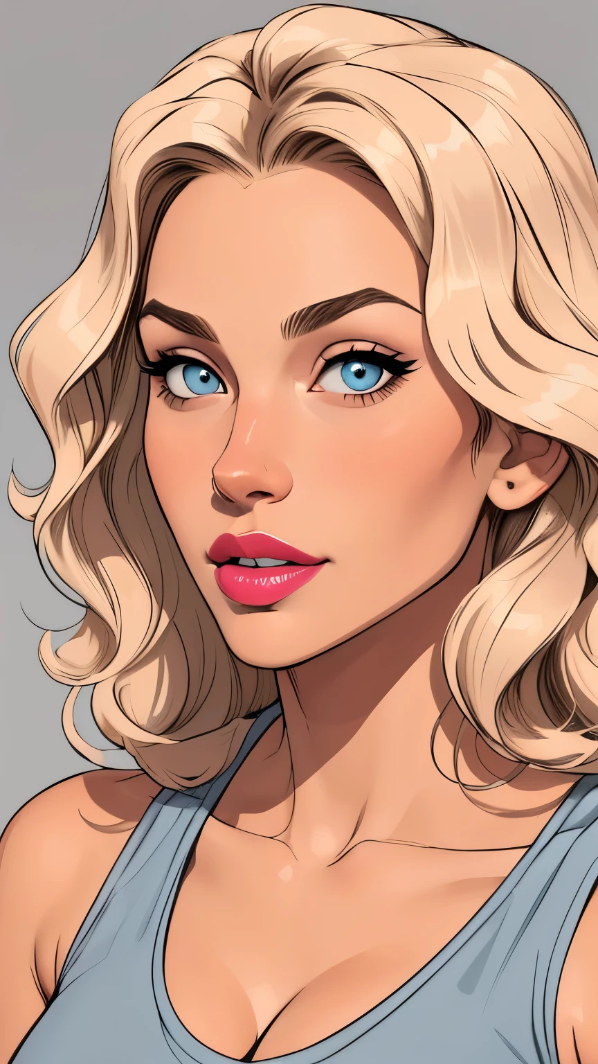 Flat colors,close-up, portrait, of a 27 year old surfer looking girl, tan skin, ([light blueish eyes]) blonde wavy hair, natural beaty, (([beautiful lips, light pink lipstick])) Beautiful, casual, low sitting tank top, cleavage,  masterpiece, (([Simple grey background]))

