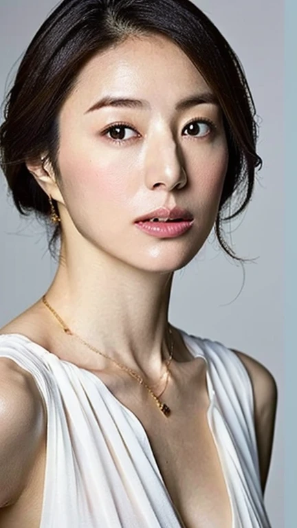 (highest quality, 8k, 32k, masterpiece, Ultra-high resolution:1.2),Beautiful Japanese Women Photos, Large Breasts, Very short bob hair,Upper Body,Face Focus,Extra Large_sweater, necklace, Simple Background, From above, View your viewers,