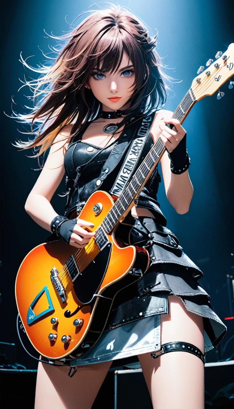 Rock girl stands on stage with a guitar. A photo with a flash, very detailed eyes, looking closely at the camera, complex parts, Unusual hair, complex parts, complex parts, complex parts