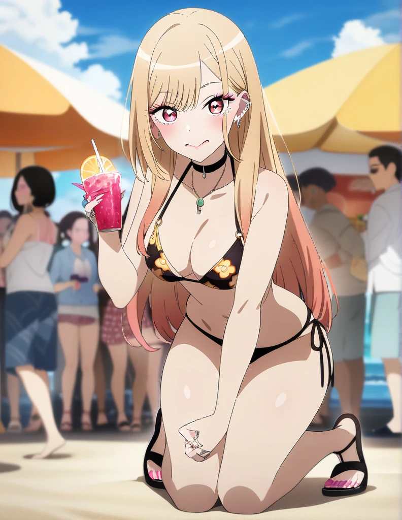 1girl, kitagawa marin, sono bisque doll wa koi wo suru, bikini, beach, beach parasol, kneeling, ready drink in one hand, crowd, closed mouth, sexy pose, key visual, highly detailed, looking at viewer, full body, masterpiece, best quality, very aesthetic, absurdres