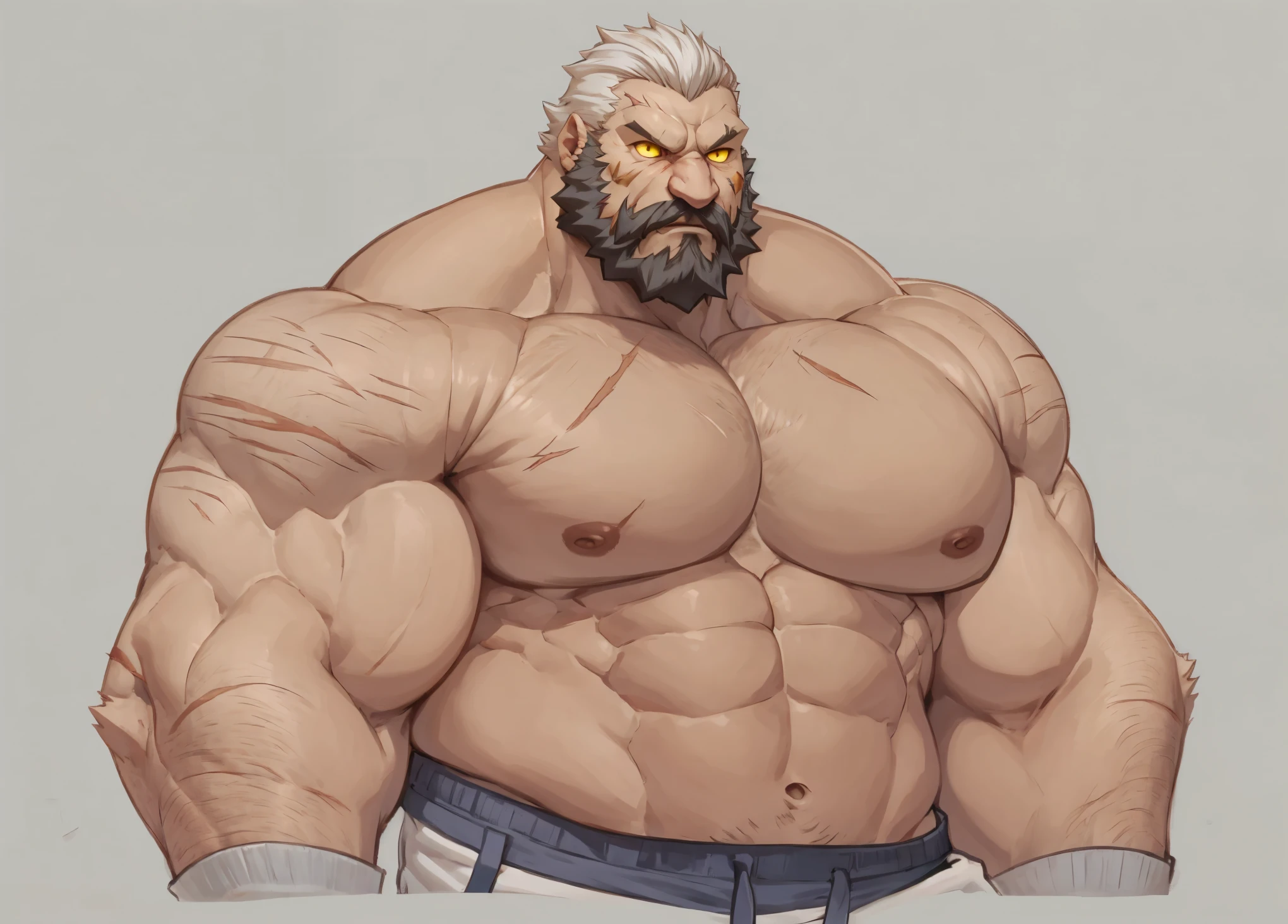huge muscular old man, white hair, shorts, bearded, gray beard, bald, angry, yellow eyes, glow eyes, scar on face