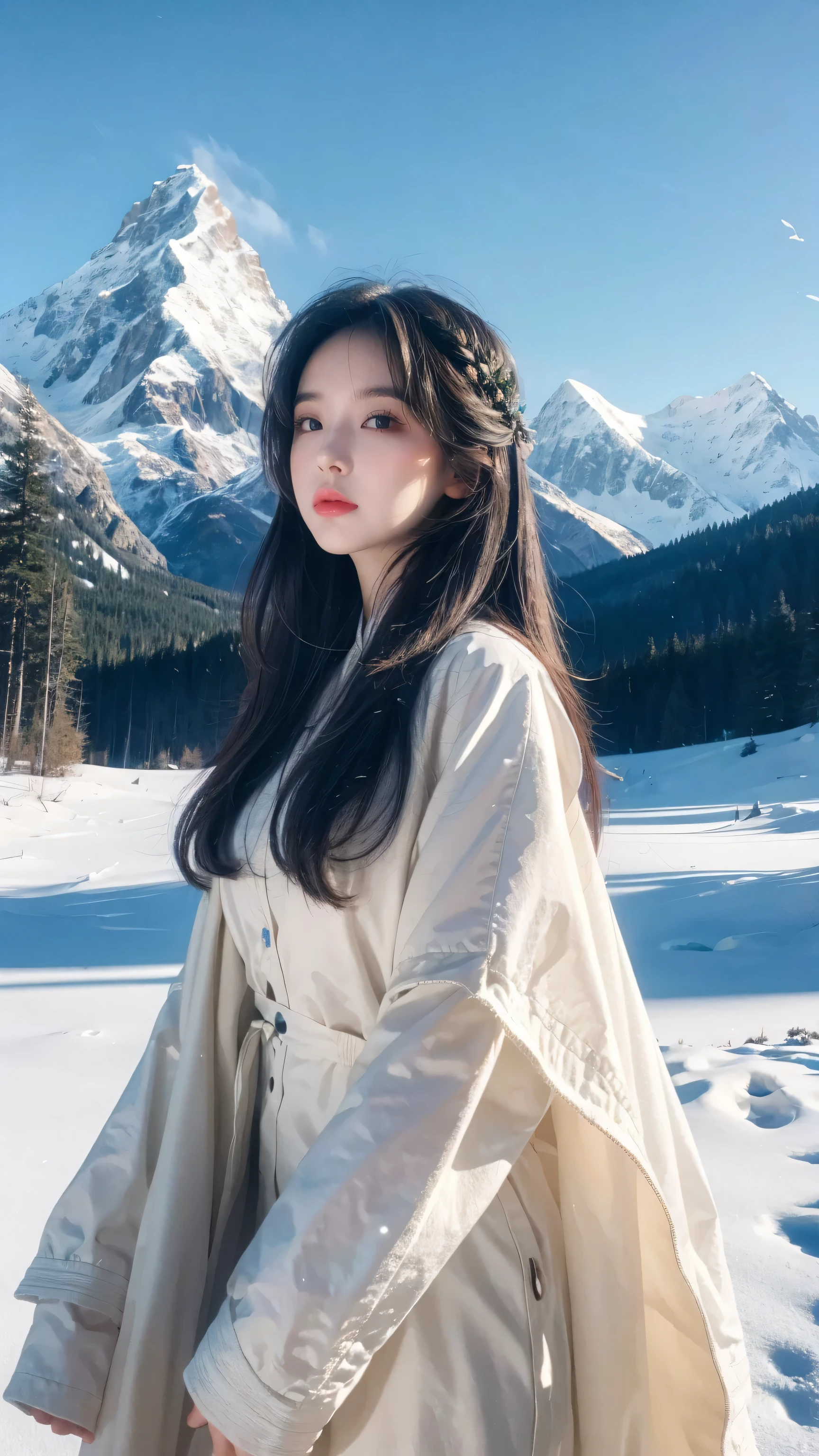 ((masterpiece)),best quality, illustration, dark, 1 Girl, In the wilderness,Mountain High,Snow-capped mountains in the distance, castle, Beautiful and delicate eyes, beautiful fine hair,