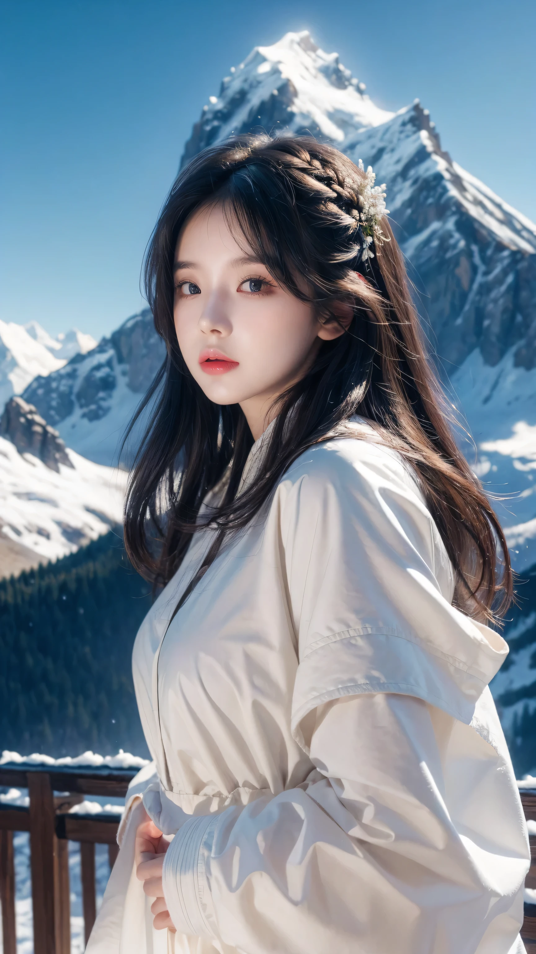 ((masterpiece)),best quality, illustration, dark, 1 Girl, In the wilderness,Mountain High,Snow-capped mountains in the distance, castle, Beautiful and delicate eyes, beautiful fine hair,