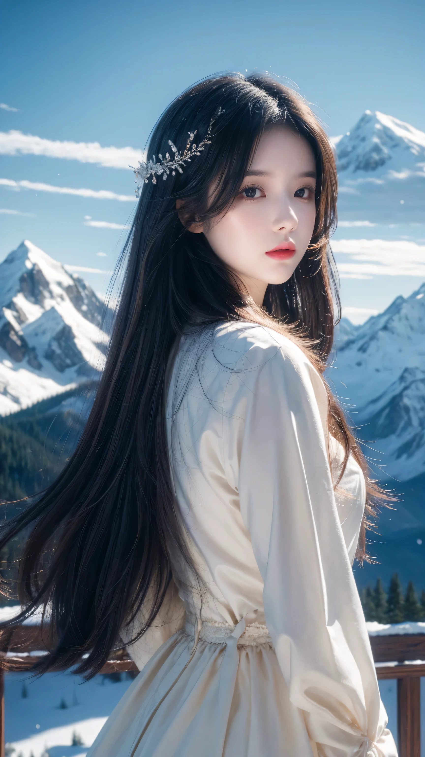 ((masterpiece)),best quality, illustration, dark, 1 Girl, In the wilderness,Mountain High,Snow-capped mountains in the distance, castle, Beautiful and delicate eyes, beautiful fine hair,