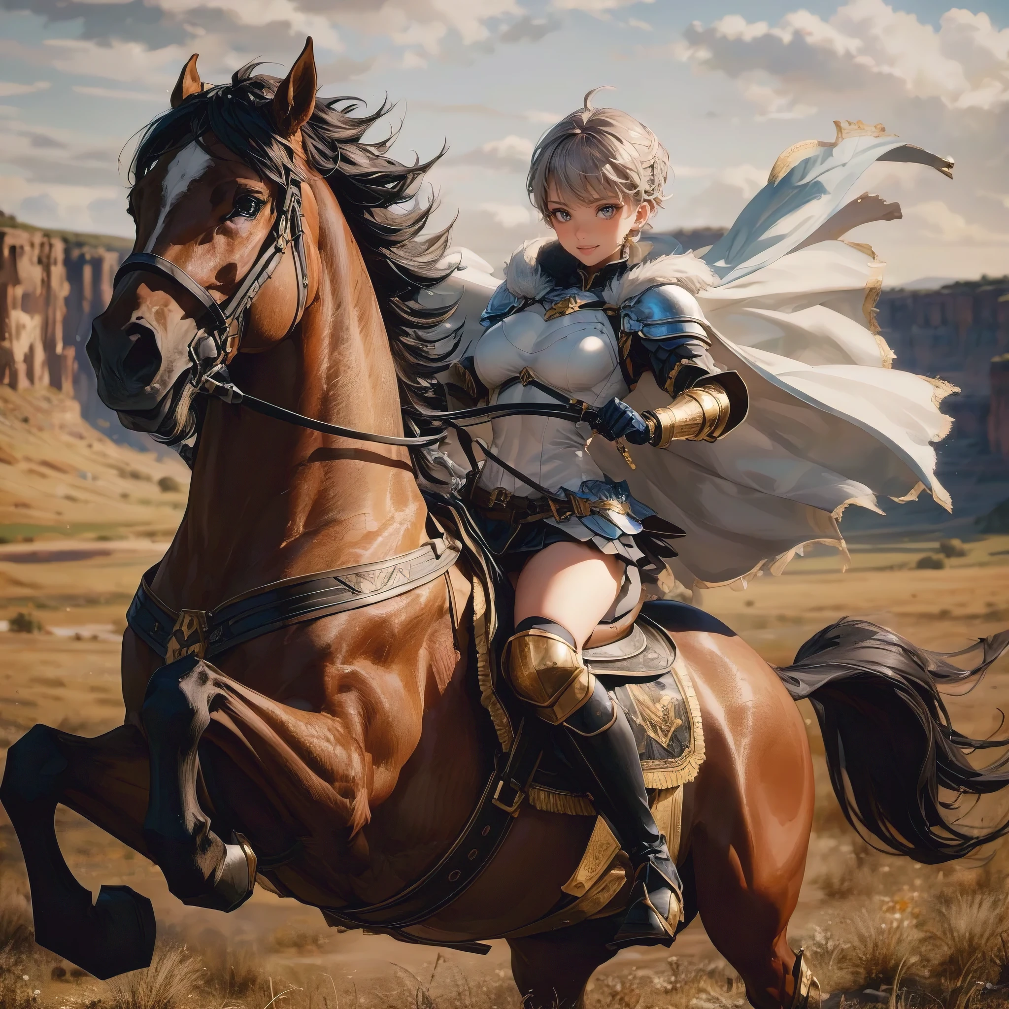 A stunning, ultra-detailed, photorealistic depiction of a beautiful, busty female knight with a pixie cut, riding a powerful brown horse. Clad in white armor with a golden gauntlet and black boots, she confidently grips the reins while wearing a black miniskirt. Her brown eyes hold a fierce determination as she rides with the wind in her hair. The open field and canyon in the background provide a breathtaking fantasy setting. The horse, with its saddle and stirrups, is also intricately detailed, and the knight's anatomy is accurate and well-proportioned, evoking a sense of realism. This captivating illustration is reminiscent of a high-quality anime scene., anime