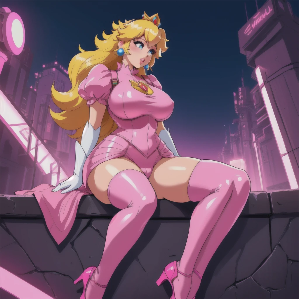 a cartoon picture of a woman with a big breast sitting on a ledge, a human-like juicy peach, portrait of princess peach, princess peach), princess peach, thicc, danbooru and artstation, commission for high res, video game fanart, giantess art, the princess of power, extremely detailed artgerm, high quality fanart, nintendo game art, araffe in a pink bodysuit posing on a city street, neon light and fantasy, pink body, very sexy outfit,  tight attire, pink body harness, perfect body,  sexy outfit, sexy dominant pose