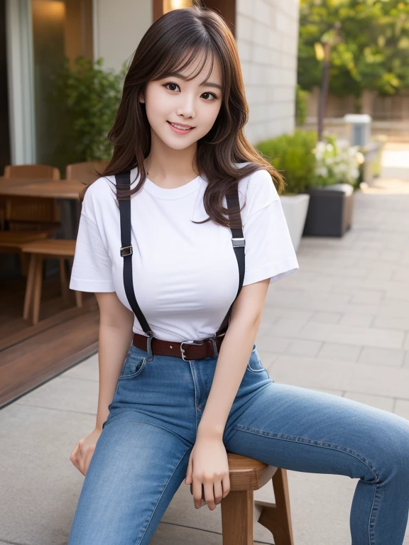 (Best Quality:1.2), Raw photo, High resolution, perfect detail, Professional Photography, Professional Lighting, Sharp Focus, Very beautiful cute girl, Japanese girl, 20 years old, Beautiful detailed face and eyes, Detailed double eyelids, droopping eyes, long brown hair, smiling, (huge breast:1.3), tight white crew neck T-shirt, (suspenders:1.1), jeans, sitting on the chair of terrace, (full-body shot:1.2)