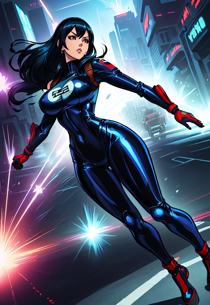 (a cartoon picture of a solo woman in a blue latex suit inspired by: nico robin, tifa lockhart, marin kitagawa fanart, hinata hyuga, mayuri shiina, character from king of fighters, drawn like the anime speed racer), seductive anime girl,  thicc, biomechanical oppai, on a racetrack, oppai, wearing tight suit, cyberpunk racetrack, (illustration inpired by : f zero, redline, wipeout, speed racer and king of fighters)