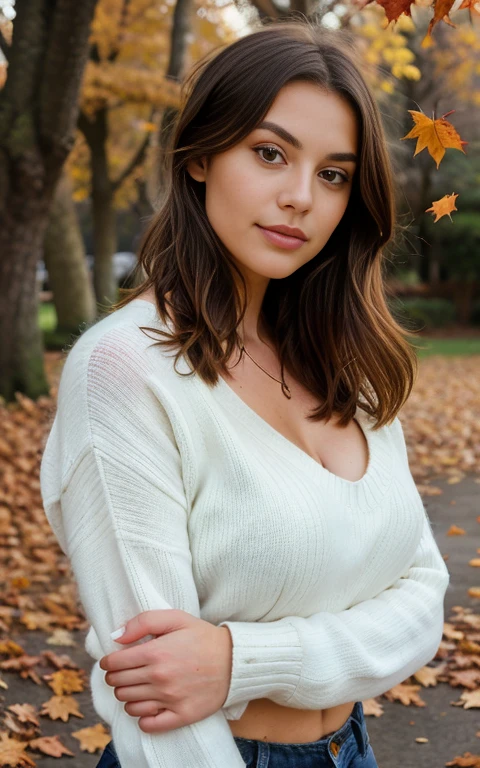 Photorealistic, ultra-detailed, Beautiful woman, portrait photo, Solo, wearing a sweater, leaves falling on her, bright scene, bright morning, The essence of real life, light brown  color hair, twenty years old, cheerful medium breasts, flashlights,
