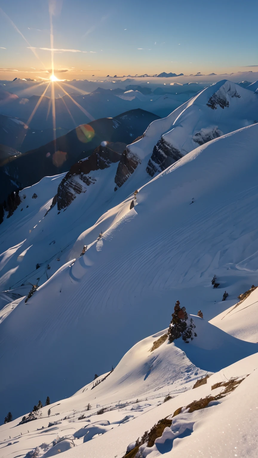 Beautiful mountain peak with snow and sun set