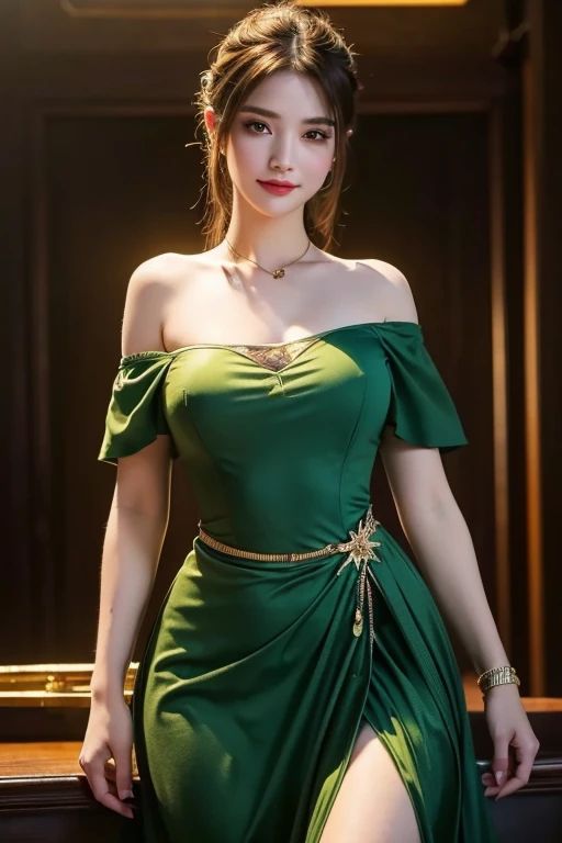 Best Quality, Masterpiece, Ultra High Resolution, (Realisticity: 1.4), Original Photo, 1girl, green Off-the-Shoulder, Cinematic Lighting. Alluring smile. Pout. Full length.