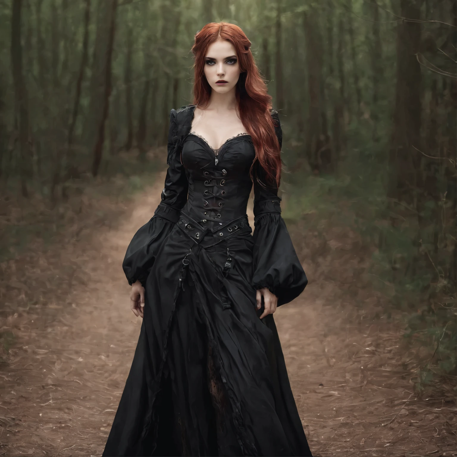 (best quality,High resolution,Ultra-detailed),dark and mysterious girl with gothic outfits, robe longue noire et corset,des épines de ronces recouvrant son corps,long reddish brown hair with blonde highlights, yeux gris clairs,portraits,sharpness,professionnel,Bokeh,Dramatic lighting,Palette de couleurs sombres et maussades
