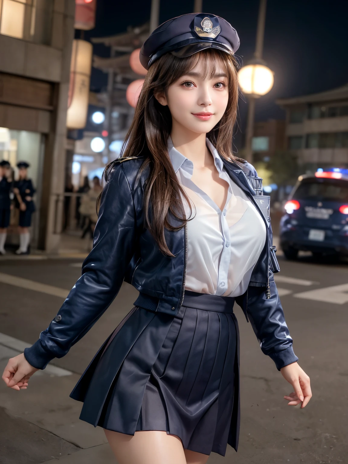 8k, highest quality, masterpiece, Ultra-high resolution, (Realistic:1.4), whole body、RAW Photos, ((long brown hair straight, See-through bangs))), Beautiful Details 1 Girl, (Realistic:1.4), High-resolution RAW color photos, Professional photos, Highly detailed eyes and face, Natural light, Facial details, White skin, Shiny skin, Tight waist, Small Ass, Thin legs,Natural Breasts,Cleavage、just looking at the audience, かわいいsmile, Nice body, (Miniskirt),(((Navy blue Japanese police uniform jacket and navy blue skirt、shirt))))、smile、Downtown at night、Police hat