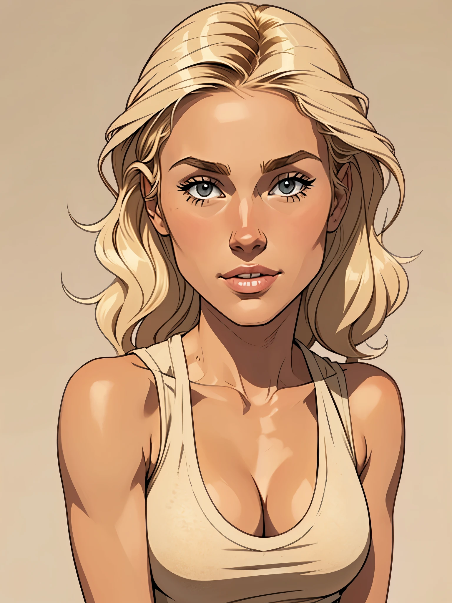 Flat colors, close up, Highly Detailed portrait of a 25 year old surfer looking girl, tan skin, beach blonde salty hair, natural beaty, beautiful, casual, Grey Tank- top, , (([Simply Beige Background]))