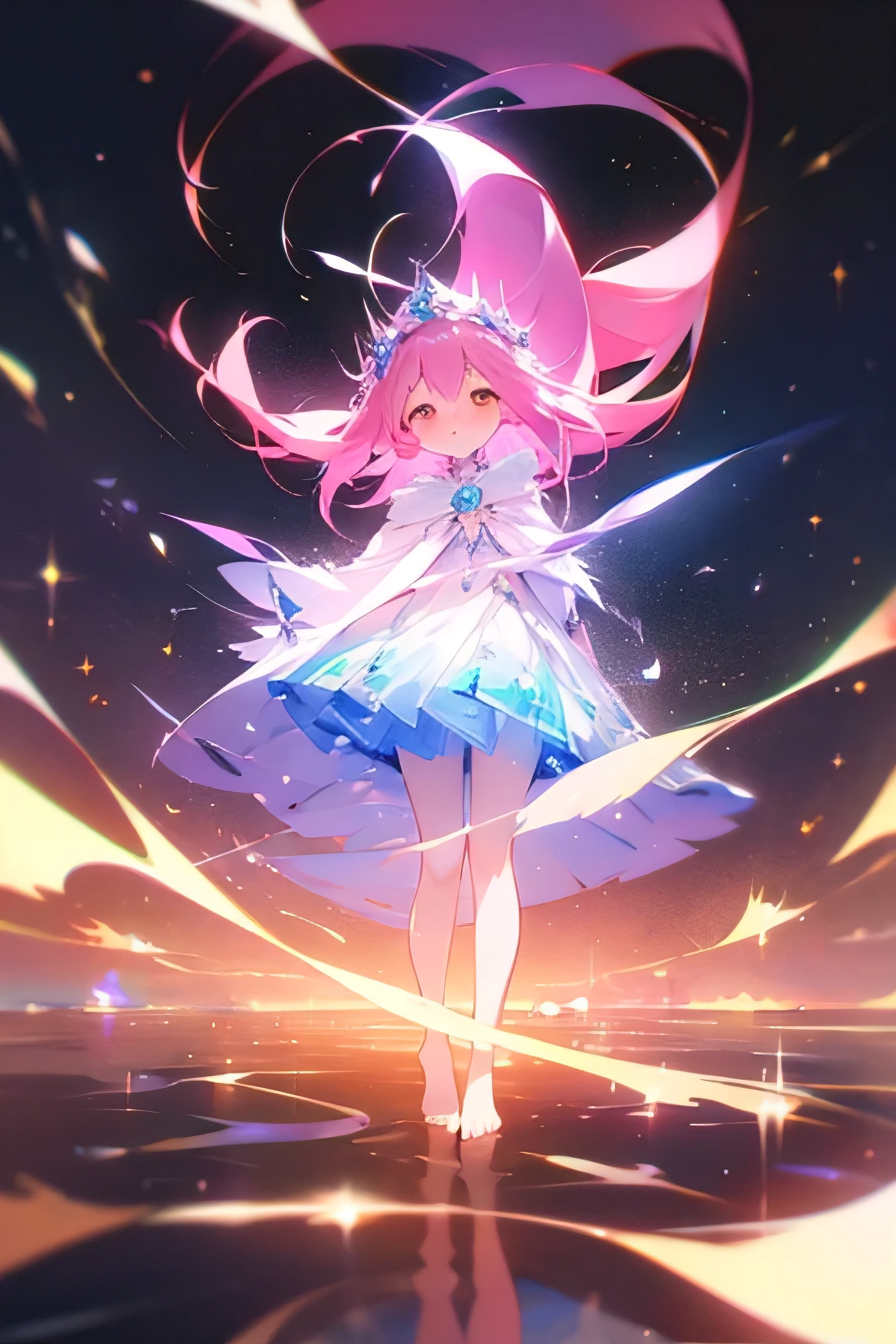 (best quality1.4)++, (masterpiece1.4)++, (detailed1.4)+, 1girl, cute face, fox girl, ice queen, (long pink hair)+, elegant, royal, cute, barefoot, detailed pink jacket, cute multilayered skirt, gold jewelry, full body shot, natural lighting, soft lighting, dramatic lighting, highly detailed, unreal engine, bokeh, 8k uhd, raytracing, lumen reflections, volumetric fog, Digital art, character design, concept art, divine, celestial, featured on pixiv, epic composition