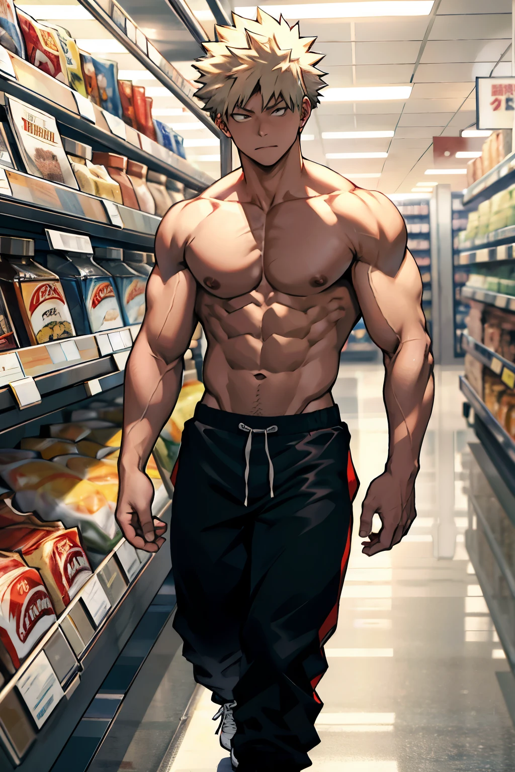 Katsuki Bakugo from Boku No Hero Academia, wearing black gym pants, bodybuilder, defined body, shirtless, abs, big legs, walking on the supermarket, closed fists
