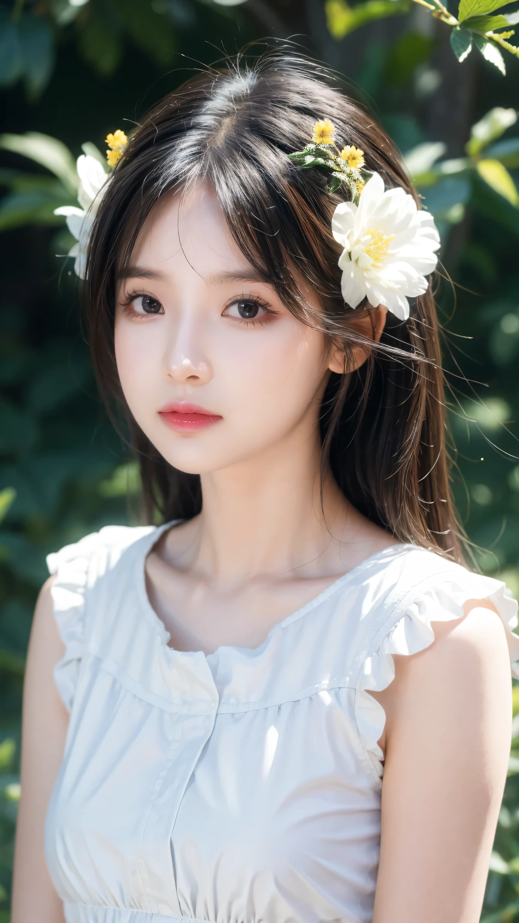 1 Girl, Solitary, masterpiece, high quality, Upper Body, Ranch, Looking at the audience, Ayesha Atugale, flower, hair flower, Simple background,